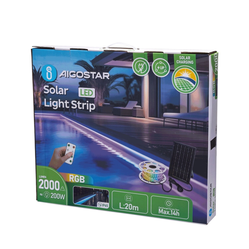 Aigostar - LED RGB Pritemdoma saulės juosta LED/20W/3,2V 20 m IP65 20000 mAh + nuotolinio valdymo pultas