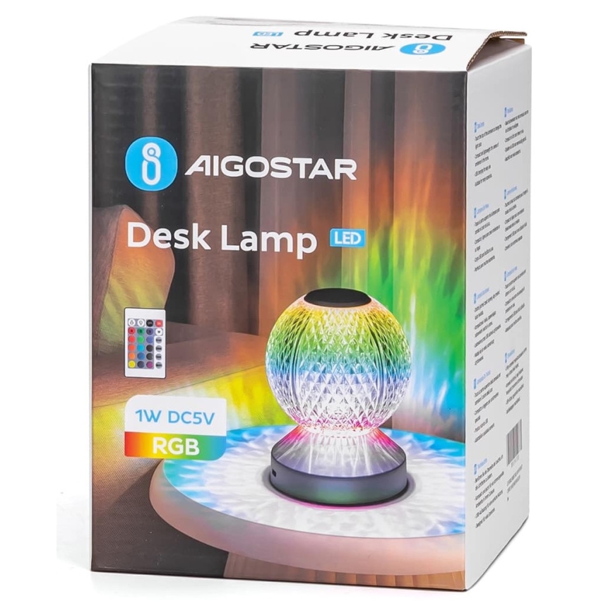 Aigostar - LED RGB Pritemdomas įkraunamas stalinis šviestuvas LED/1W/5V 1800mAh 13,5 cm + nuotolinio valdymo pultas