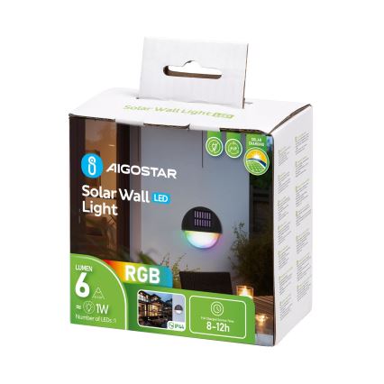 Aigostar - LED RGB Saulės energija įkraunamas sieninis šviestuvas LED/1W/1,2V juoda IP44