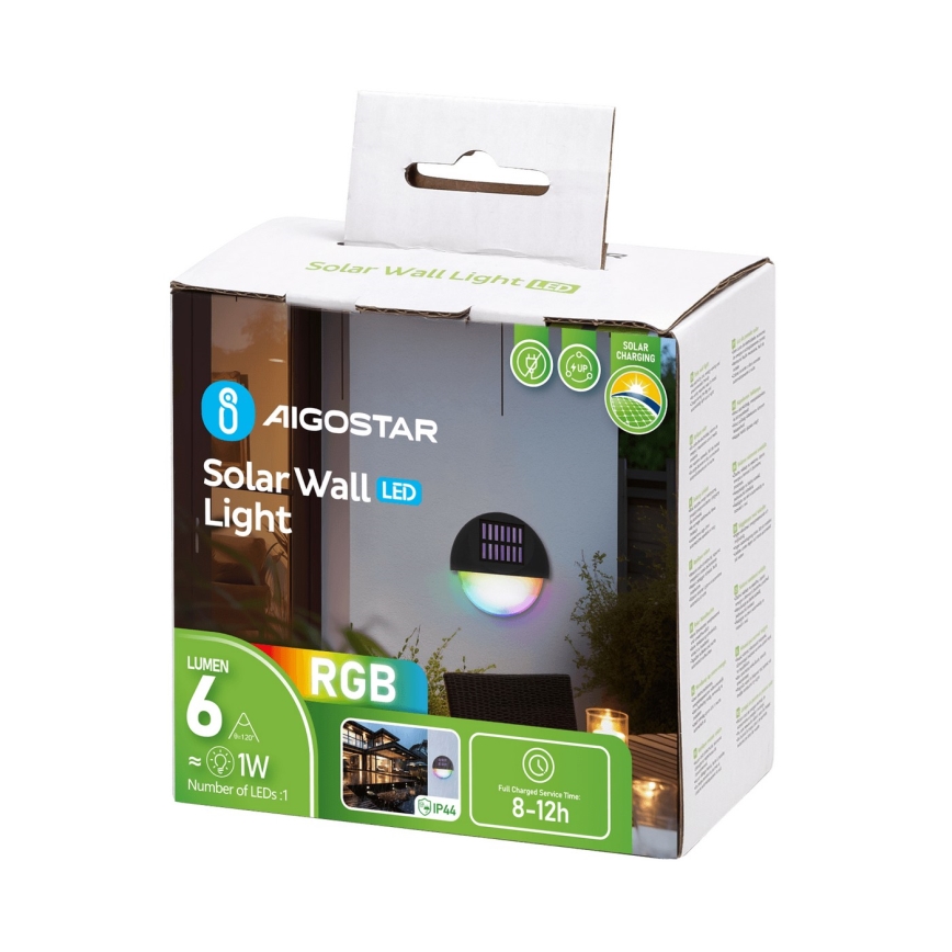 Aigostar - LED RGB Saulės energija įkraunamas sieninis šviestuvas LED/1W/1,2V juoda IP44