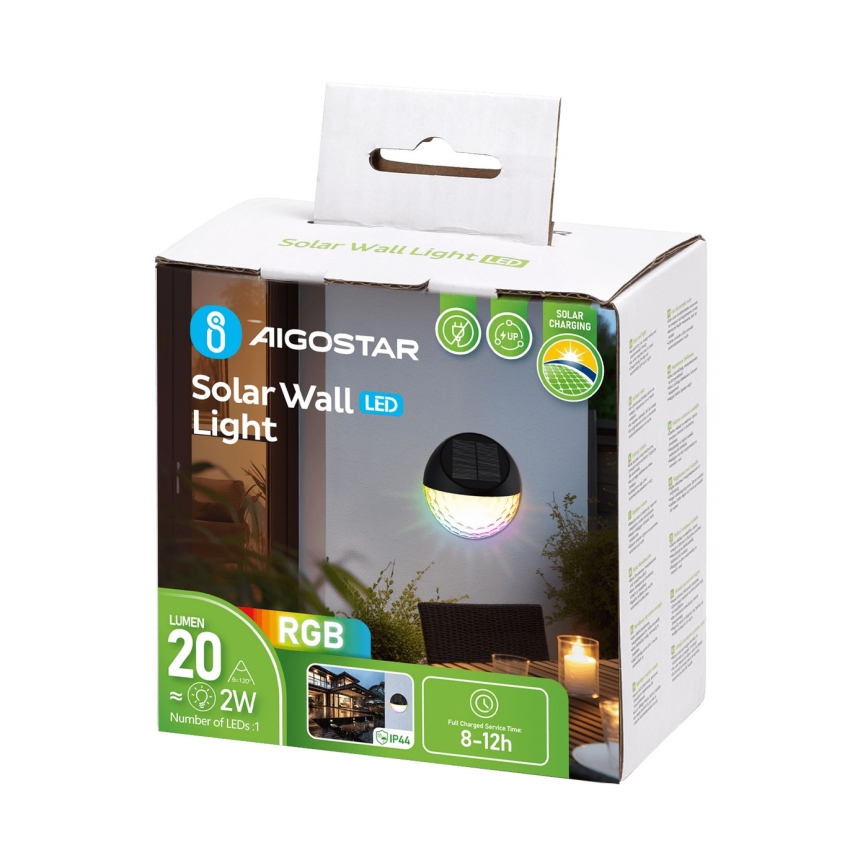 Aigostar - LED RGB Saulės energija įkraunamas sieninis šviestuvas LED/2W/1,2V juoda IP44