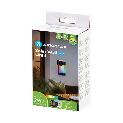 Aigostar - LED RGB Saulės energija įkraunamas sieninis šviestuvas LED/2W/1,2V juoda IP44