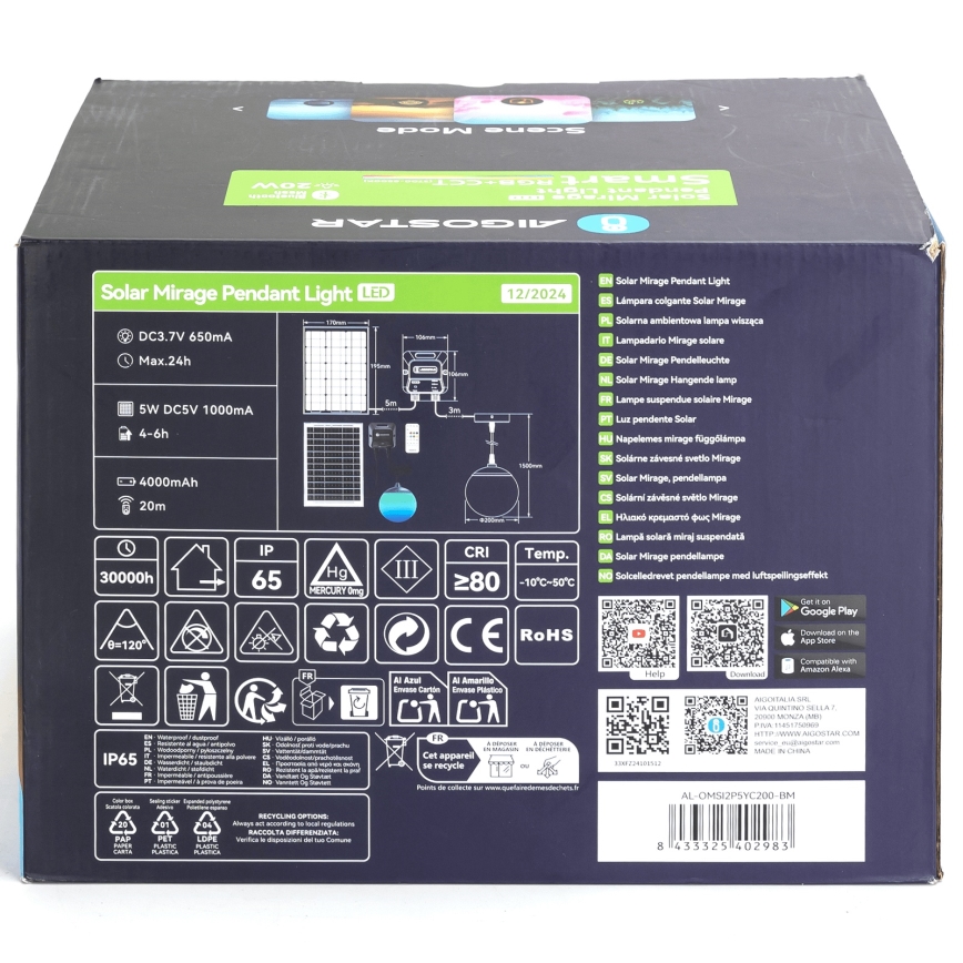 Aigostar - LED RGB Pritemdomas saulės sietynas MESH LED/20W/3,7V 4000 mAh 2700K-6500K IP65 diametras 20 cm