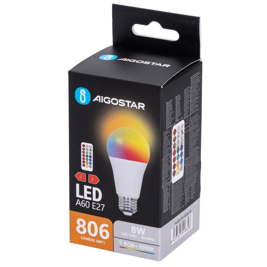 Aigostar - Reguliuojama LED RGBW lemputė A60 E27/8W/230V 3000K + nuotolinis valdymas