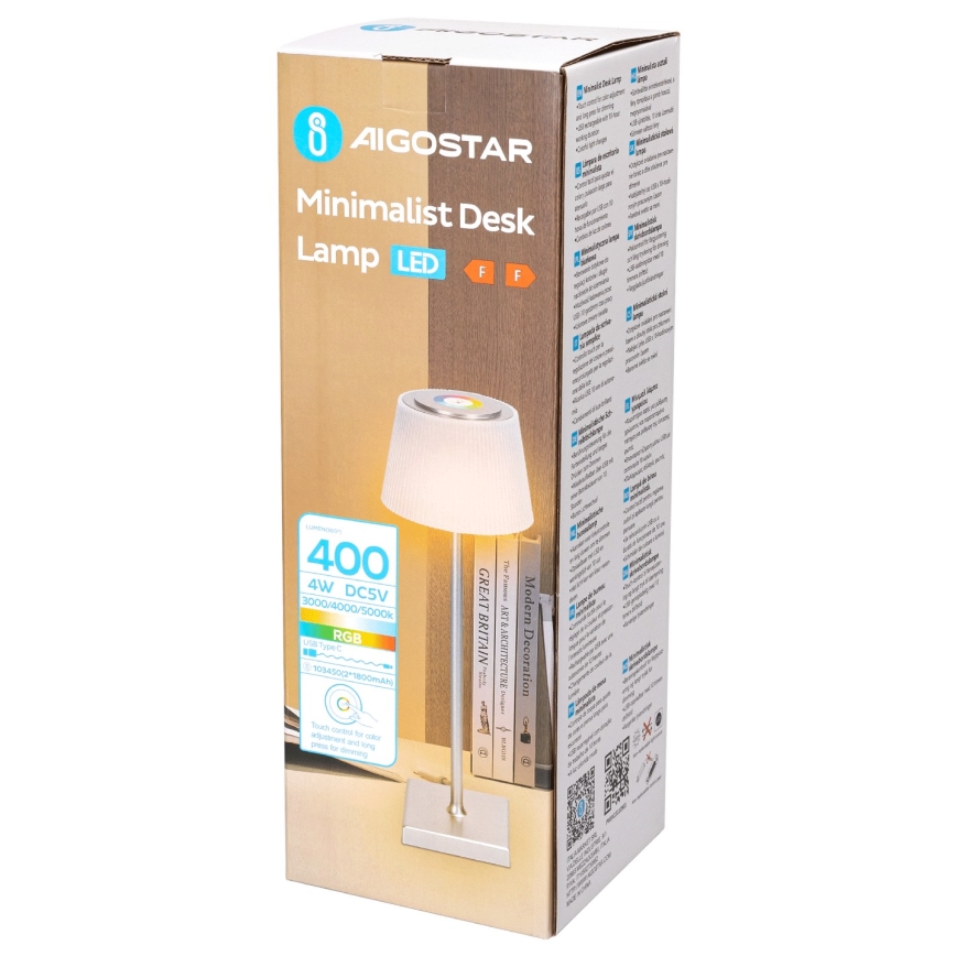 Aigostar - LED RGBW Pritemdoma įkraunama lauko lempa LED/4W/5V 3600mAh balta/matinis chromas IP54