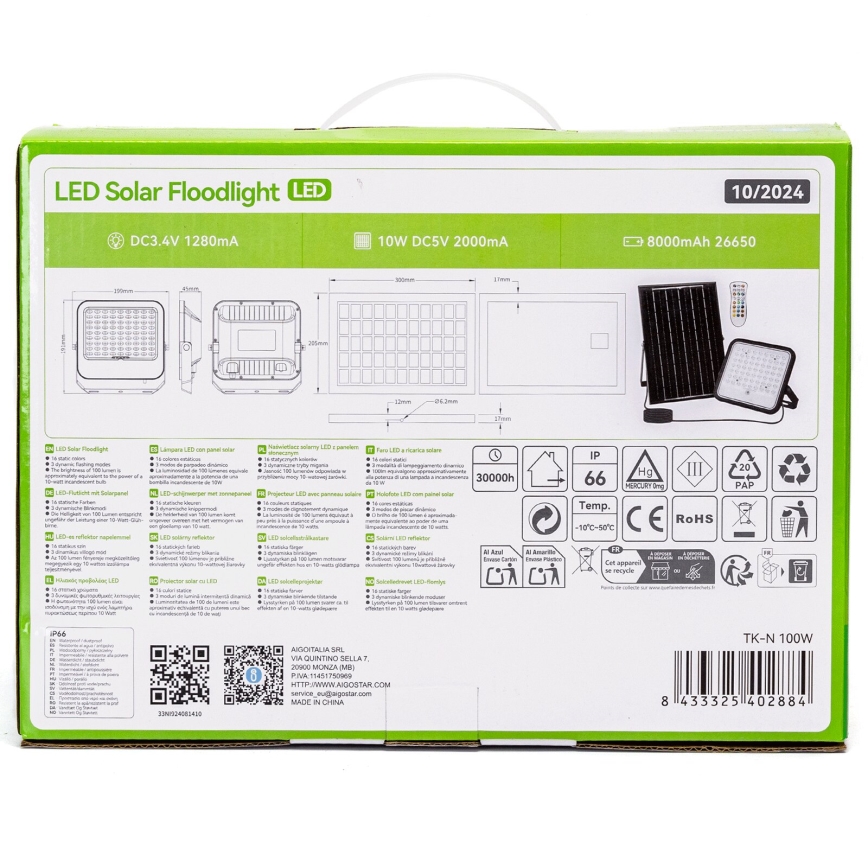 Aigostar - LED RGBW Pritemdomas saulės prožektorius LED/100W/3,4V IP66 + nuotolinio valdymo pultas