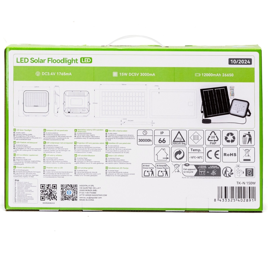 Aigostar - LED RGBW Pritemdomas saulės prožektorius LED/150W/3,4V IP66 + nuotolinio valdymo pultas