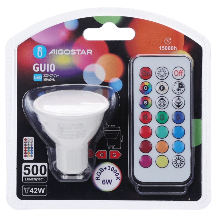 Aigostar - LED RGBW reguliuojama lemputė GU10/6W/230V 3000K + nuotolinis valdymas