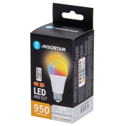 Aigostar - LED RGBW dimeriuojama lemputė A60 E27/10W/230V 3000K + nuotolinis pultas