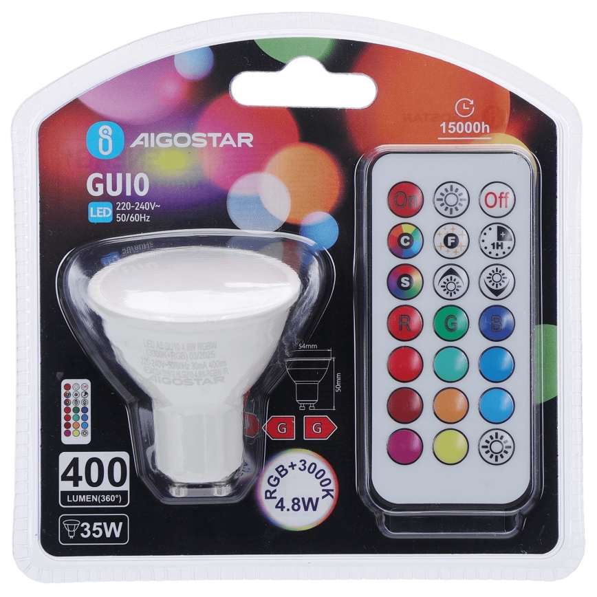 Aigostar - LED RGBW dimeriuojama lemputė GU10/4,8W/230V 3000K + su nuotoliniu pulteliu