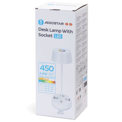 Aigostar - Dimeriuojama LED RGBW stalinė lempa su lizdais ir USB LED/4,6W/230V 3000/4000/6500K balta