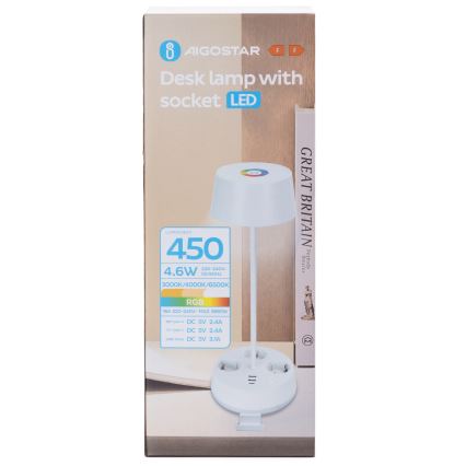 Aigostar - Dimeriuojama LED RGBW stalinė lempa su lizdais ir USB LED/4,6W/230V 3000/4000/6500K balta