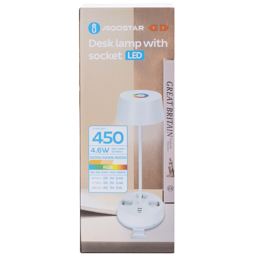 Aigostar - Dimeriuojama LED RGBW stalinė lempa su lizdais ir USB LED/4,6W/230V 3000/4000/6500K balta