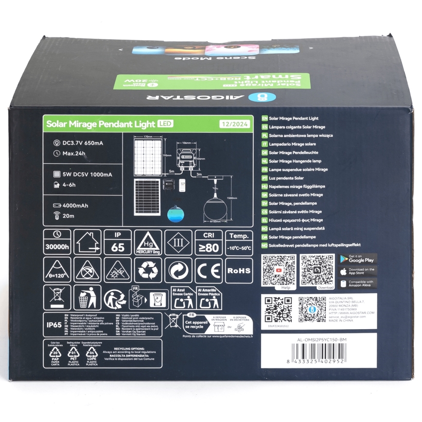 Aigostar - LED RGBW Pritemdomas saulės sietynas MESH LED/20W/3,7V 4000 mAh 2700K-6500K IP65 diametras 15 cm