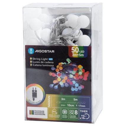 Aigostar - LED lauko dekoratyvinė girlianda 50xLED/8 režimų 5 m IP44 daugiaspalvė