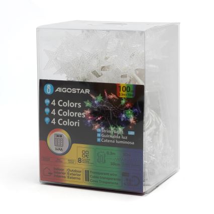 Aigostar - LED RGBY Lauko kalėdinė girlianda 100xLED/8 funkcijų 3xAA 10m IP44 žvaigždės