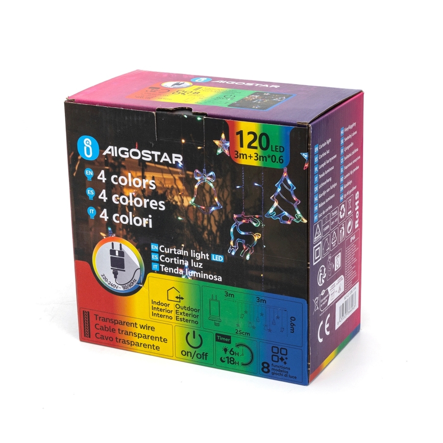 Aigostar - LED RGBY lauko girlianda, 120 LED/8 funkcijų, 3 x 0,6 m, IP44, daugiaspalvė + nuotolinis valdymas