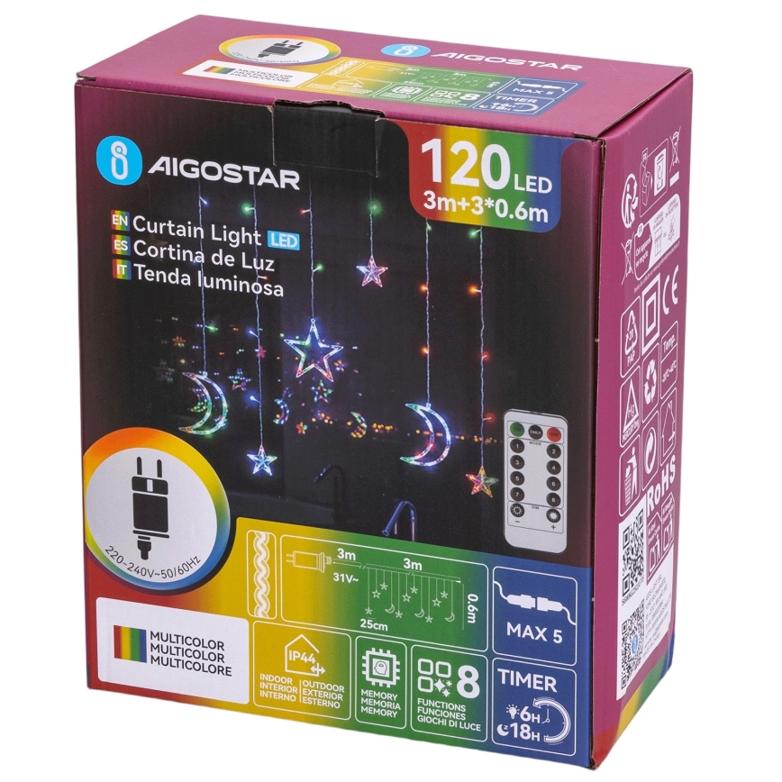 Aigostar - LED RGBY Lauko girlianda 120xLED/8 funkcijų 3x0,6m IP44 daugiaspalvė + su nuotoliniu pulteliu