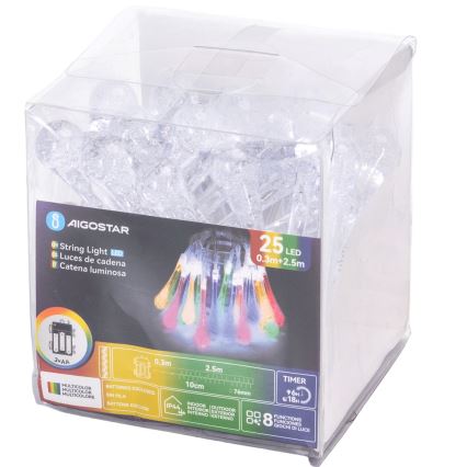 Aigostar - LED Lauko kalėdinė girlianda 25xLED/8 funkcijų 3xAA 2,5m IP44 daugiaspalviai lašeliai