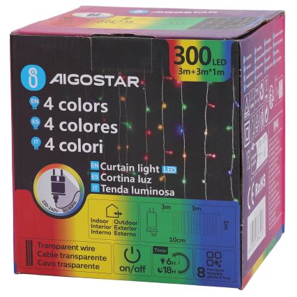 Aigostar - LED RGBY lauko girlianda 300 LED / 8 funkcijų 3 x 1 m IP44 + nuotolinis valdymas