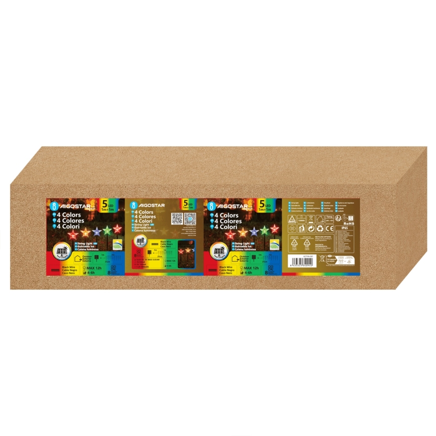 Aigostar - LED RGBY Saulės kalėdinė girlianda 5xLED/1,2V/8 režimų 1m IP65 800mAh žvaigždės