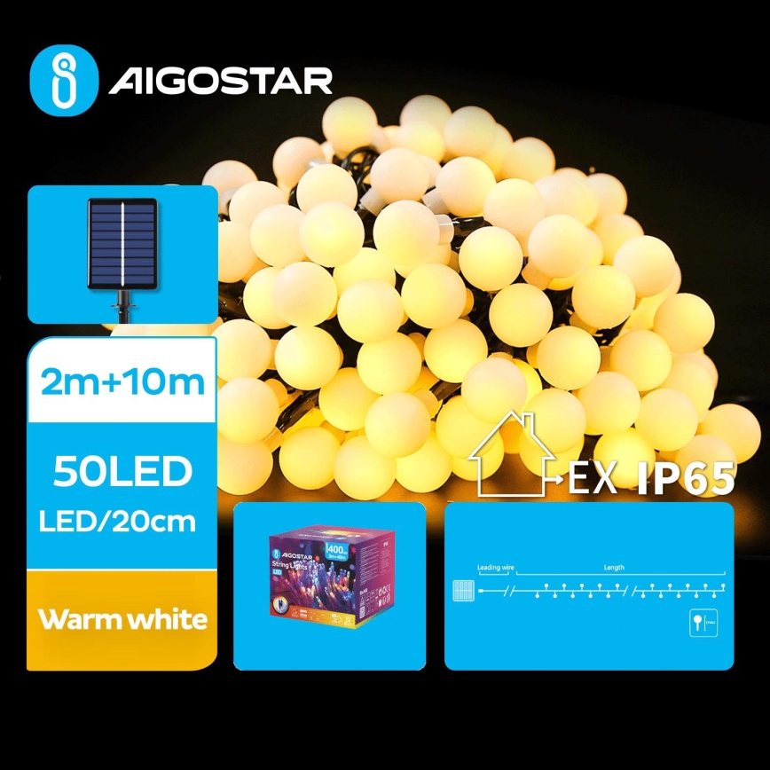 Aigostar - LED Saulės Dekoratyvinė girlianda 50xLED/8 funkcijos 12m 800 mAh IP65 šilta balta