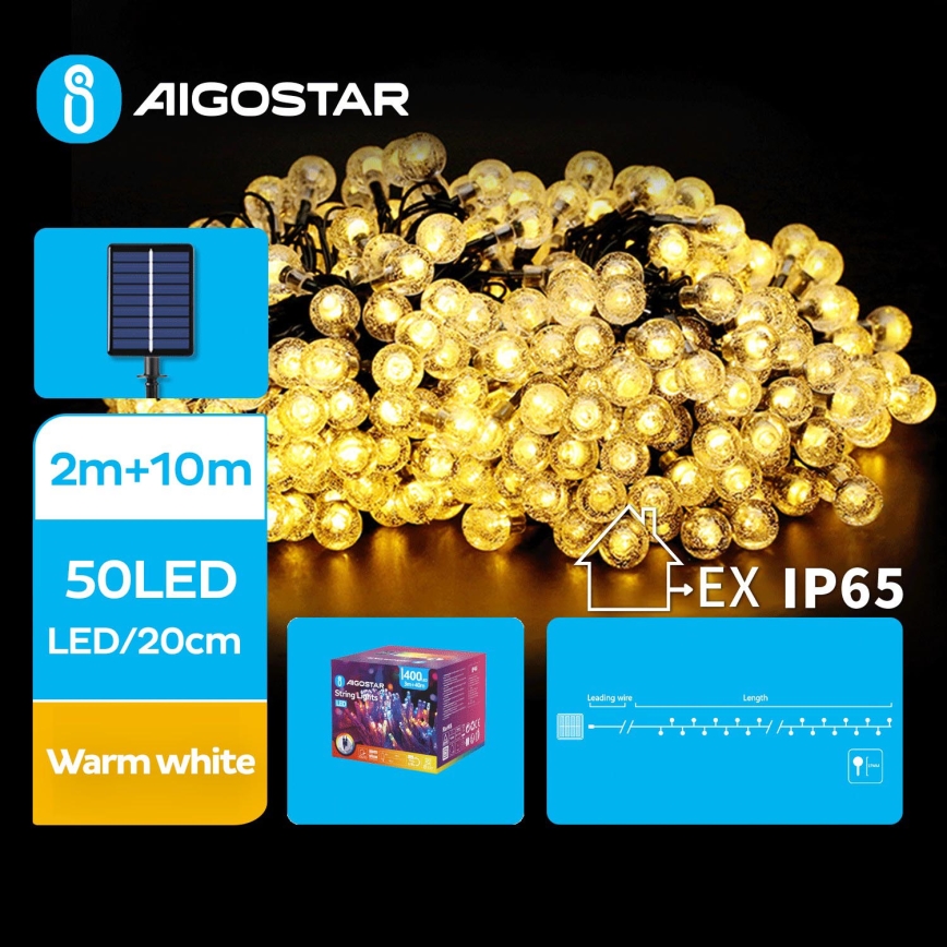 Aigostar - LED Saulės Dekoratyvinė girlianda 50xLED/8 funkcijos 12m 800 mAh IP65 šilta balta