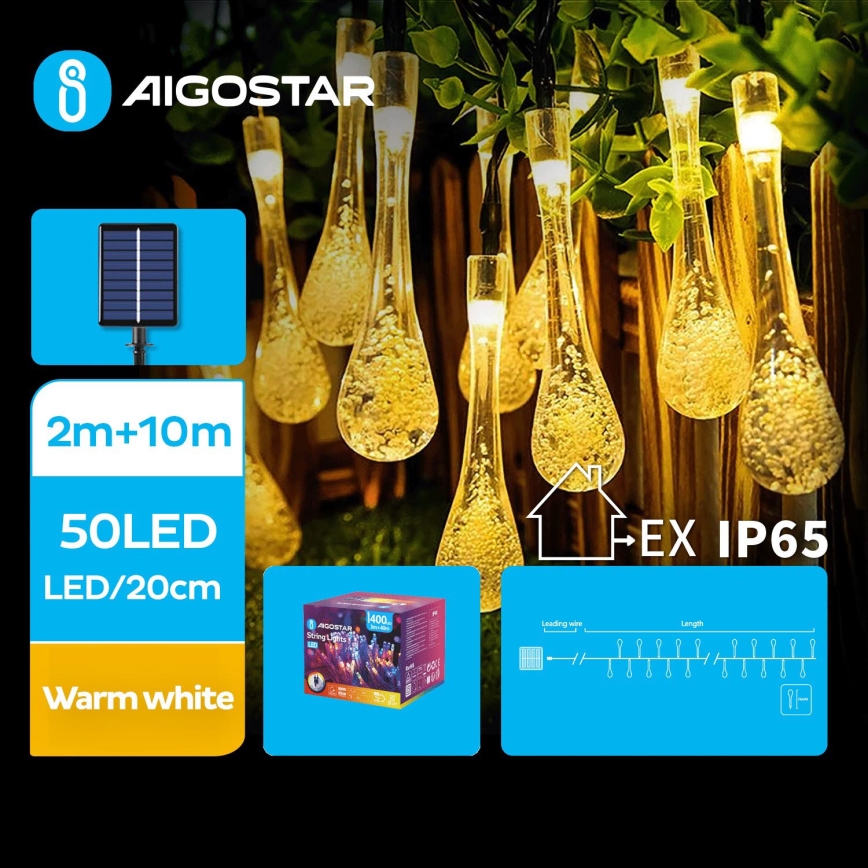 Aigostar - LED Saulės Dekoratyvinė girlianda 50xLED/8 funkcijos 12m IP65 šilta balta 800 mAh