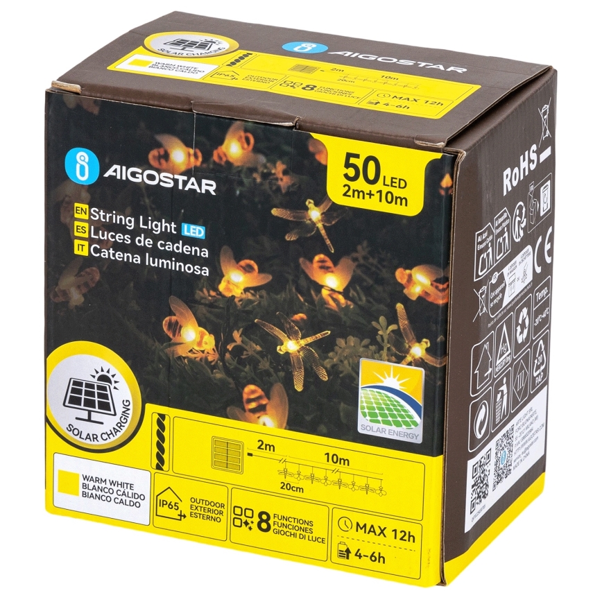 Aigostar - LED saulės dekoratyvinė girlianda 50 LED / 8 funkcijų, 10 m, 800 mAh, IP65, šiltai balta