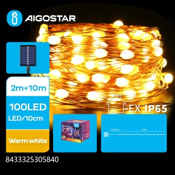 Aigostar - LED saulės energija varoma kalėdinė girlianda 100xLED/8 funkcijos 12m 800 mAh IP65 šiltai balta