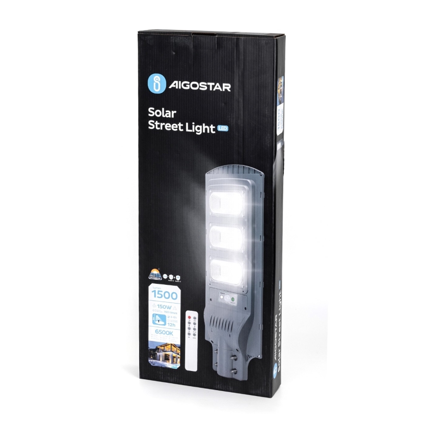 Aigostar - LED saulės energijos gatvės lempa su judesio ir prieblandos jutikliu LED/150W/3,2V 15000mAh IP65 6500K + nuotolinio valdymo pultas