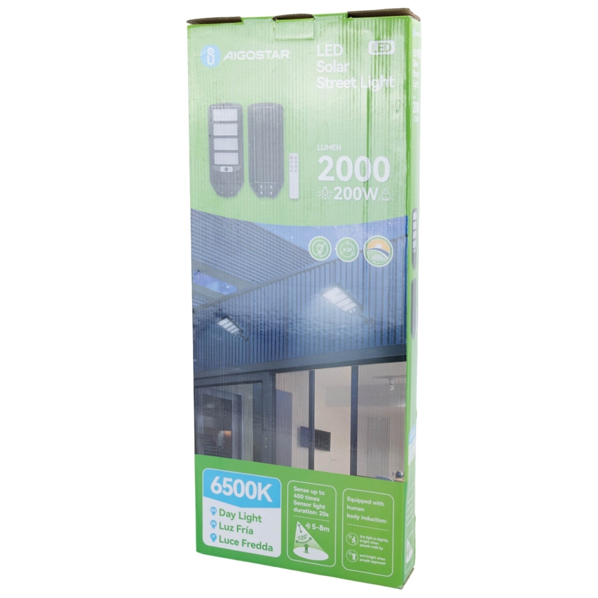 Aigostar - LED Saulės energijos gatvės lempa su jutikliu LED/200W/3,2V 12000mAh IP65 6500K + nuotolinio valdymo pultas