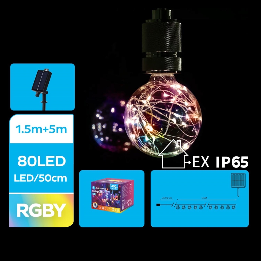 Aigostar - LED Saulės energijos kalėdinė girlianda 10xLED/8 funkcijos 6,5m IP65 daugiaspalvis