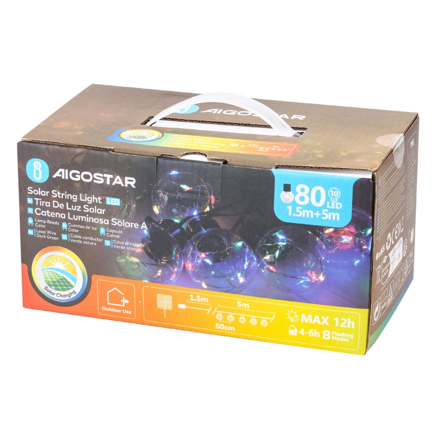 Aigostar - LED Saulės energijos kalėdinė girlianda 10xLED/8 funkcijos 6,5m IP65 daugiaspalvis