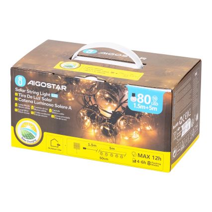 Aigostar - LED Saulės energijos kalėdinė girlianda 10xLED/8 funkcijos 6,5m IP65 šilta balta