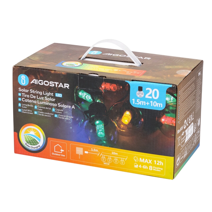 Aigostar - LED Saulės energijos kalėdinė girlianda 20xLED/8 funkcijos 11,5m IP65 daugiaspalvis