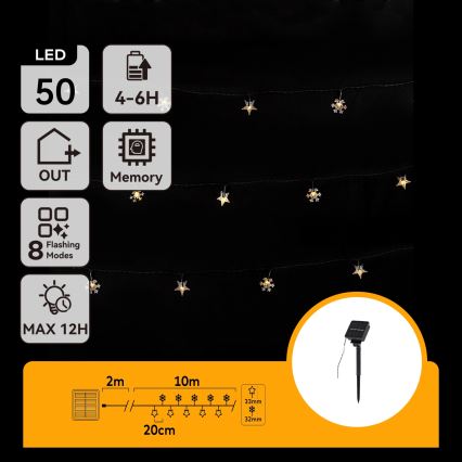 Aigostar - LED kalėdinė girlianda, maitinama saulės energija, 50xLED/8 funkcijų, 12m, 800mAh, IP65, šiltai balta