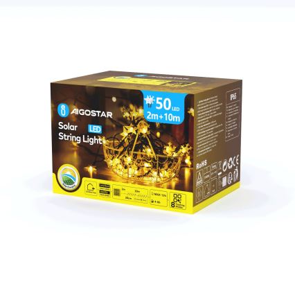 Aigostar - LED kalėdinė girlianda, maitinama saulės energija, 50xLED/8 funkcijų, 12m, 800mAh, IP65, šiltai balta