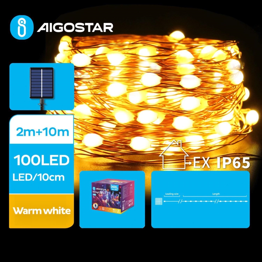 Aigostar - LED Saulės energijos kalėdinė grandinėlė 100xLED/8 funkcijos 12m 800 mAh IP65 šilta balta