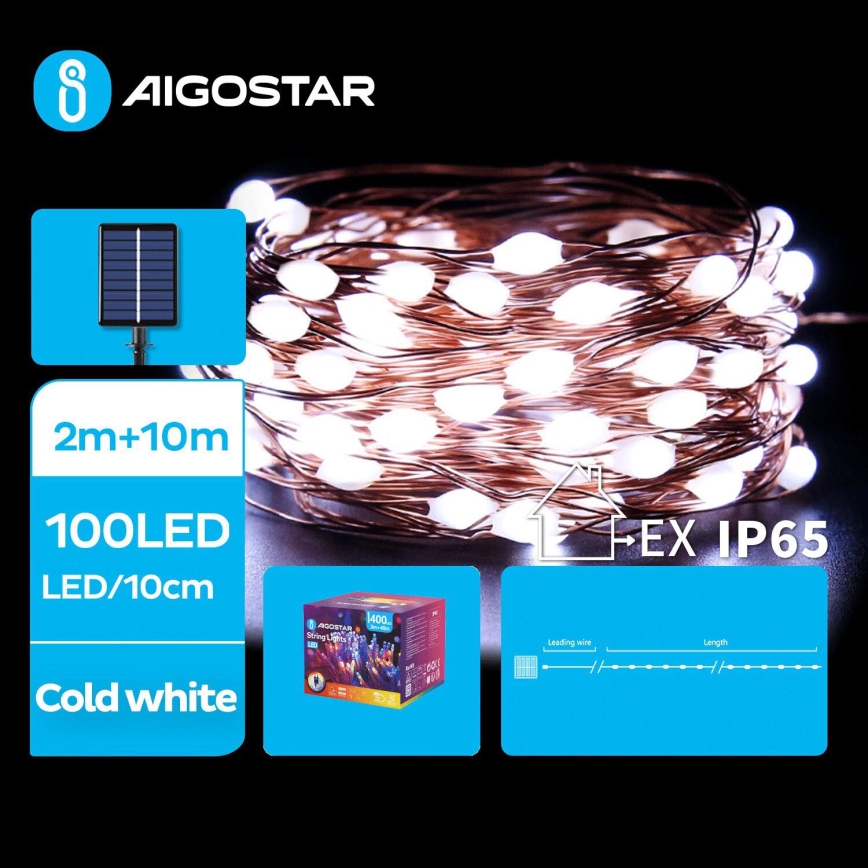 Aigostar - LED Saulės energijos kalėdinė grandinėlė 100xLED/8 funkcijos 12m IP65 800 mAh šalta balta