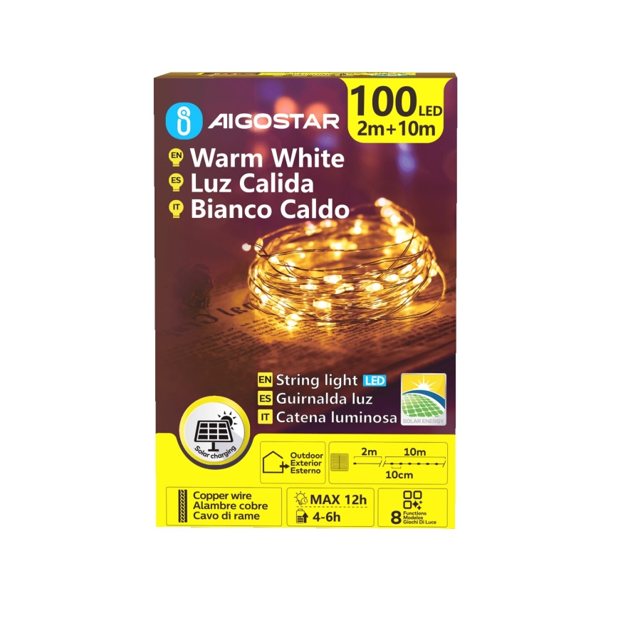 Aigostar - LED Saulės energijos kalėdinė grandinėlė 100xLED/8 funkcijos 12m 800 mAh IP65 šilta balta