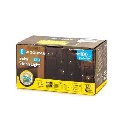 Aigostar - LED Saulės energijos kalėdinė grandinėlė 100xLED/8 funkcijos 4x1m IP65 šilta balta 800 mAh