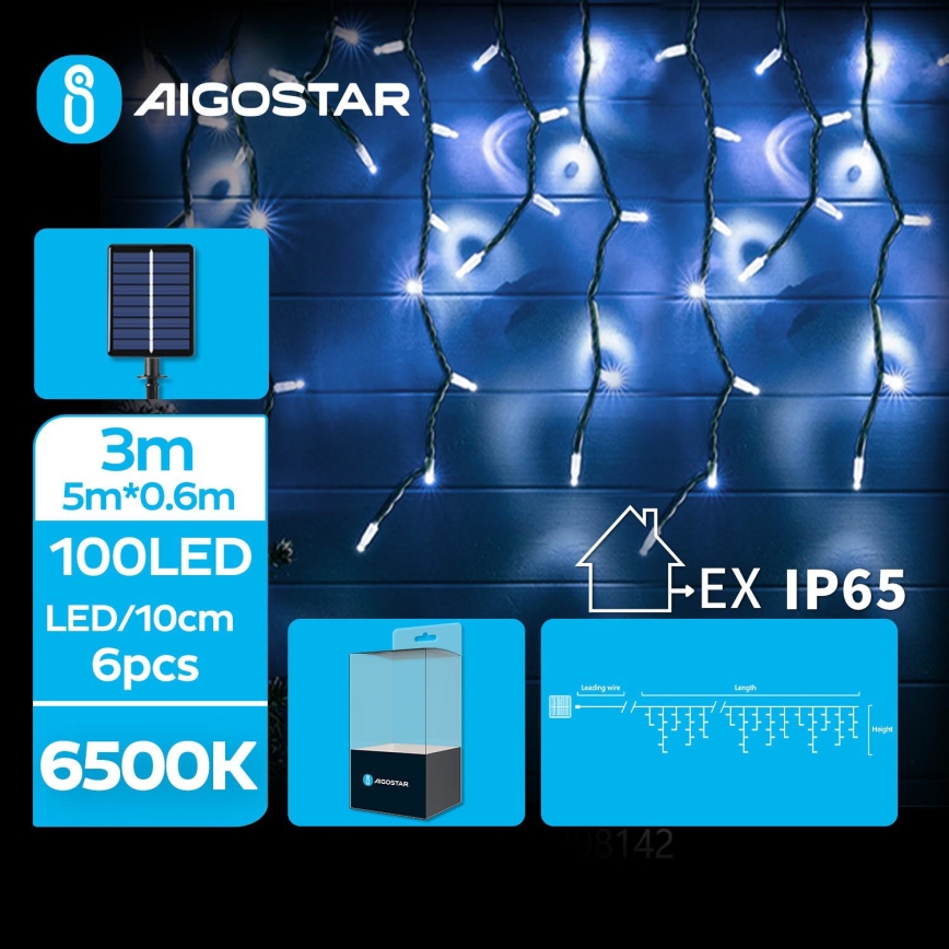 Aigostar - LED Saulės energijos kalėdinė grandinėlė 100xLED/8 funkcijos 8x0,6m 500 mAh IP65 šalta balta