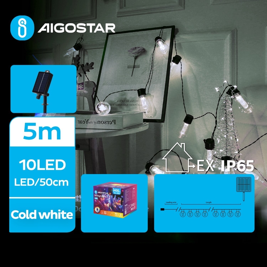 Aigostar - LED Saulės energijos kalėdinė grandinėlė 10xLED/8 funkcijos 6,5m 500 mAh IP65 šalta balta