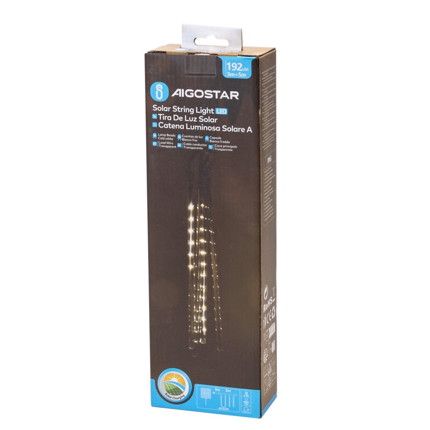 Aigostar - LED Saulės energijos kalėdinė grandinėlė 192xLED/8m IP65 1200 mAh šalta balta