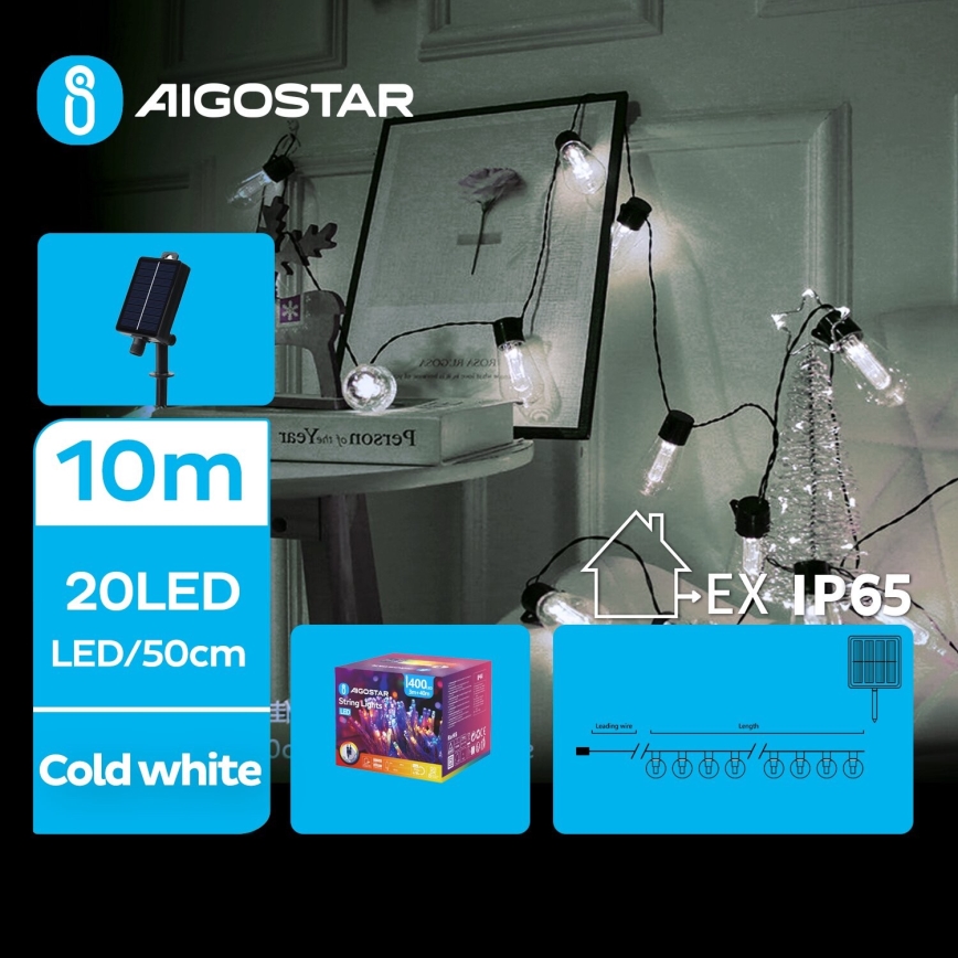 Aigostar - LED Saulės energijos kalėdinė grandinėlė 20xLED/8 funkcijos 11,5m 1200 mAh IP65 šalta balta