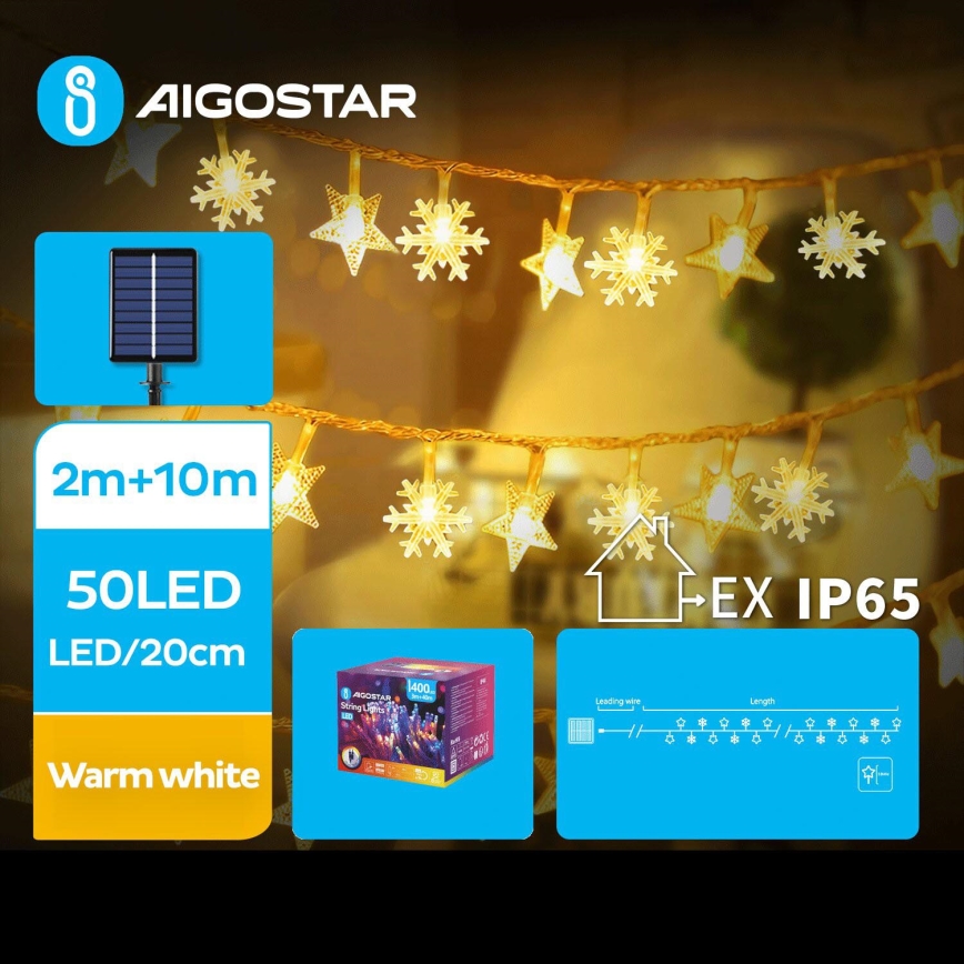 Aigostar - LED Saulės energijos kalėdinė grandinėlė 50xLED/8 funkcijos 12m 800mAh IP65 šilta balta