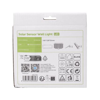 Aigostar - LED Saulės energijos šviestuvas su judesio jutikliu LED/2,4W/3,7V IP65