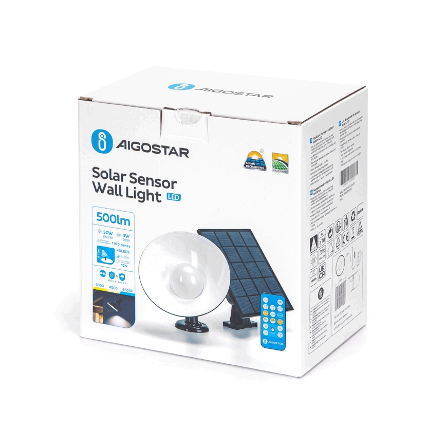 Aigostar - LED Saulės energijos šviestuvas su jutikliu LED/3,2V 3000K/4000K/6500K IP65 5000 mAh nuotolinio valdymo pultas