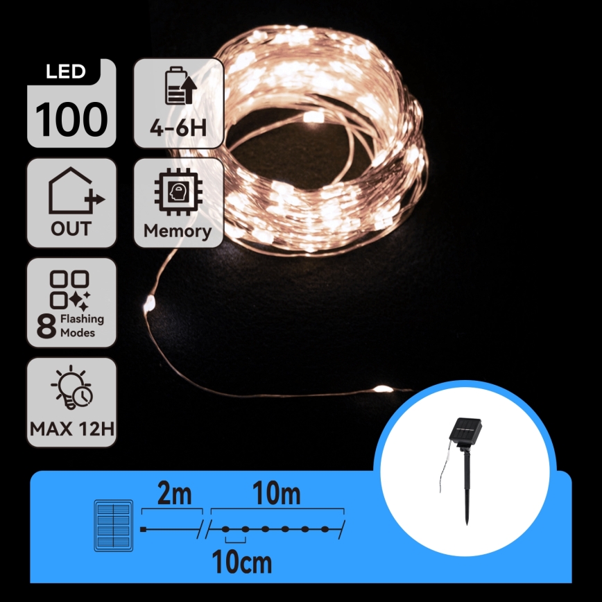 Aigostar - LED saulės girlianda 100xLED/8 funkcijų 12m IP65 800 mAh šaltai balta